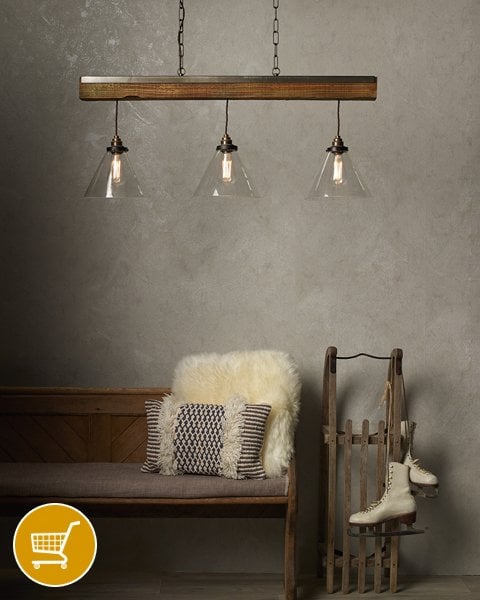 3 light wooden ceiling pendant with glass shades