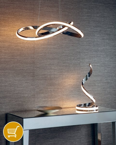 spiral chrome LED ceiling pendant and table lamp