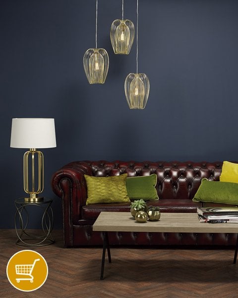 gold cage pendants and table lamp