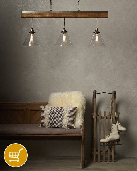 wooden 3 light pendant with glass shades
