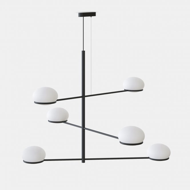 COCO 6 Light Ceiling Pendant in Metallic Black with White Globe Shades
