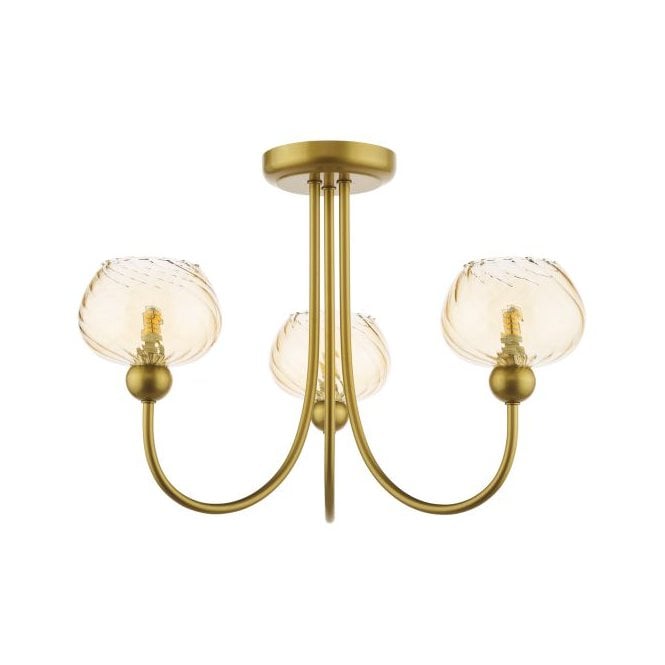 Cognac 3 Light Semi-Flush Ceiling Light Satin Gold with Champagne Ribbed Glass Shades