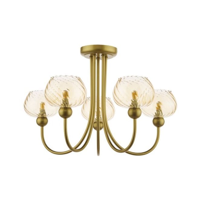 Cognac 5 Light Semi-Flush Ceiling Light Satin Gold with Champagne Ribbed Glass Shades