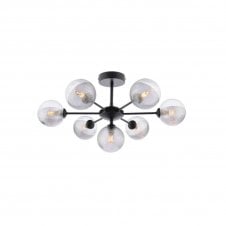COHEN 7 Light Semi-Flush Ceiling Frame in Black with GL18 Smoked & Clear Ribbed Glass
