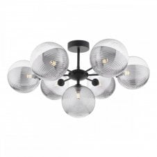 COHEN 7 Light Semi-Flush Ceiling Frame in Black with GL19 Smoked & Clear Ribbed Glass Shade