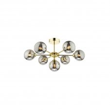 COHEN Polished Gold Semi Flush Ceiling Light with GL1 Smoked Glass Globe Shade