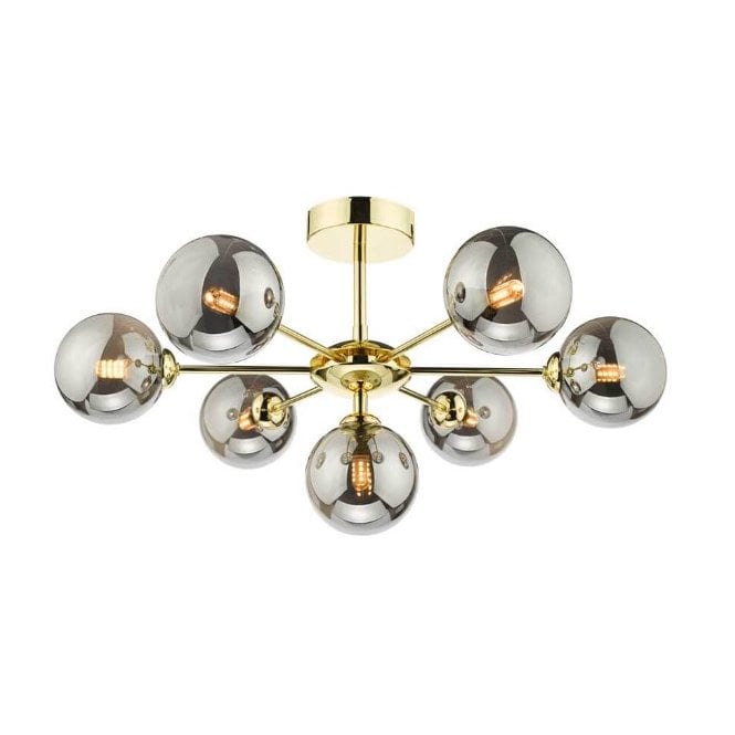 COHEN Polished Gold Semi Flush Ceiling Light with GL1 Smoked Glass Globe Shade