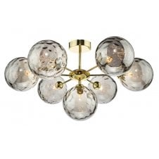 Polished Gold Semi Flush Ceiling Light With GL10 Smoked Dimpled Glass Shade