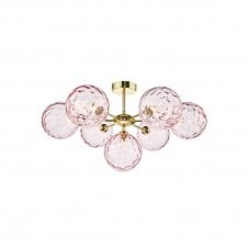 COHEN Polished Gold Semi Flush Ceiling Light with GL13 Pink Dimpled Glass Shade