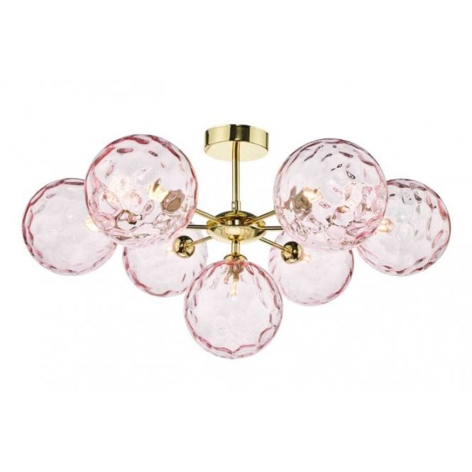 COHEN Polished Gold Semi Flush Ceiling Light with GL13 Pink Dimpled Glass Shade