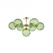 COHEN Polished Gold Semi Flush Ceiling Light with GL14 Green Dimpled Glass Shade