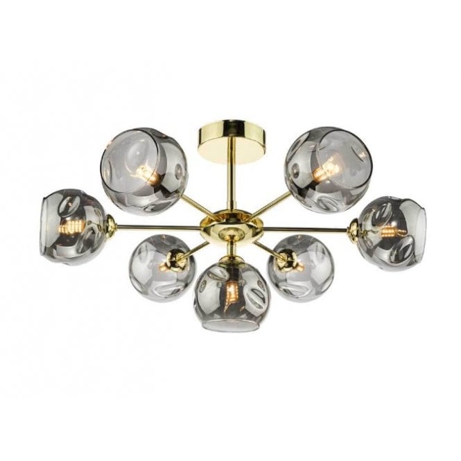 COHEN Polished Gold Semi Flush Ceiling Light with GL15 Smoked Organic Glass Shade