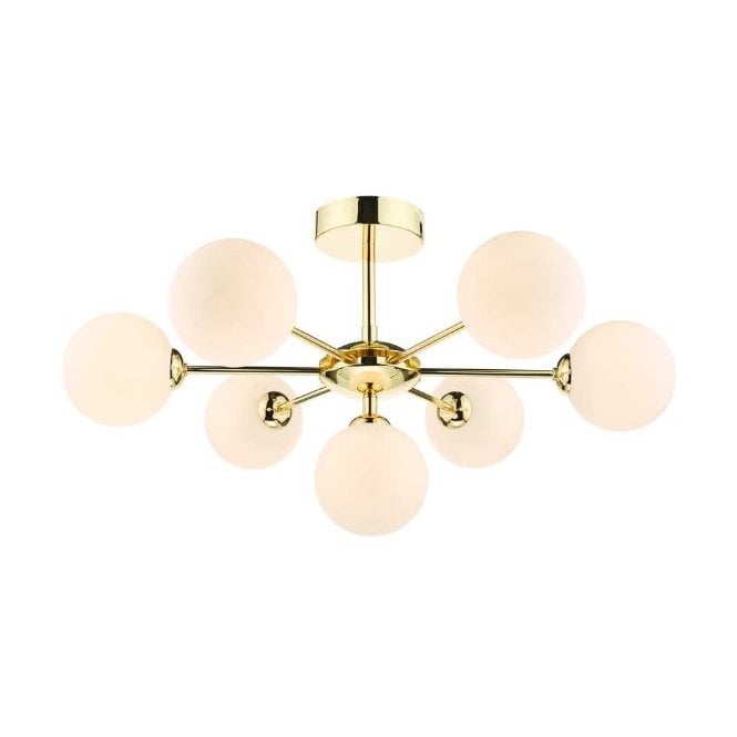 COHEN Polished Gold Semi Flush Ceiling Light with GL2 Opal Glass Globe Shade
