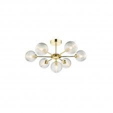 COHEN Polished Gold Semi Flush Ceiling Light with GL8 Ribbed Glass Globe Shade