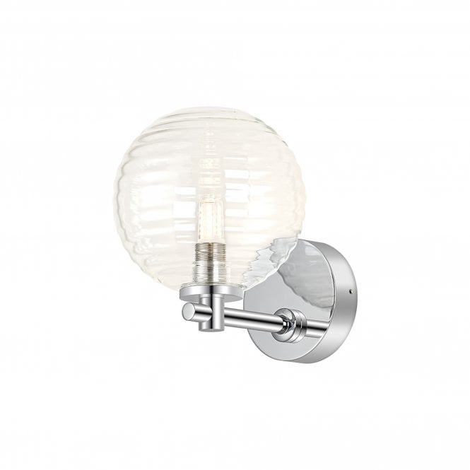 COMBINE IP44 Short Arm Wall Light in Polished Chrome with with LING9 Ribbed Round Clear Glass Shade