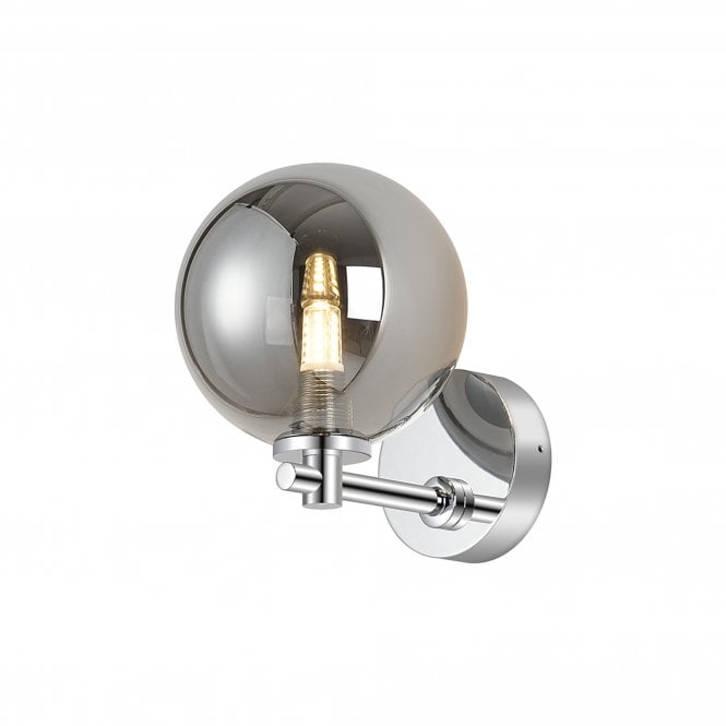 COMBINE IP44 Short Arm Wall Light in Polished Chrome with with LING9 Smooth Round Smoked Glass Shade