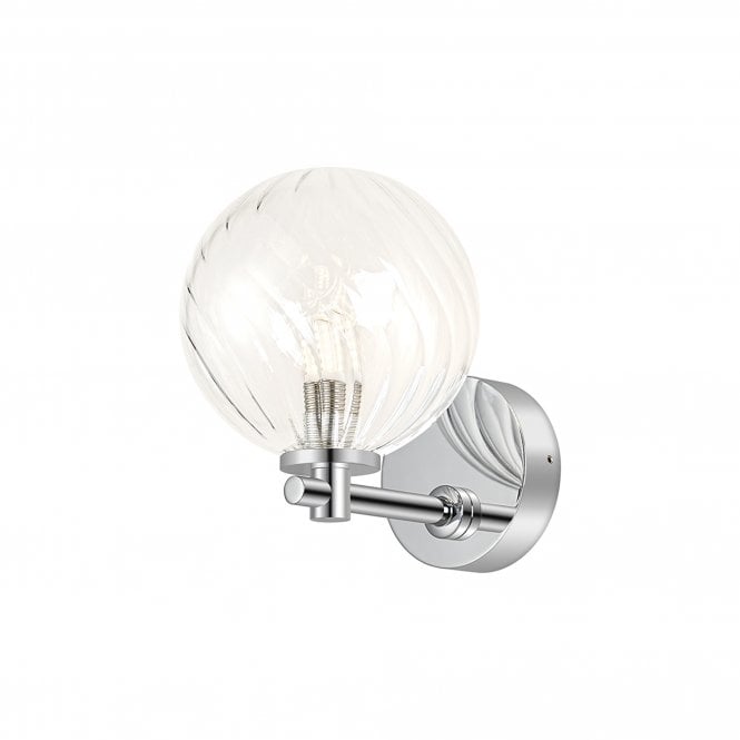 COMBINE IP44 Short Arm Wall Light in Polished Chrome with with LING9 Swirl Round Clear Glass Shade