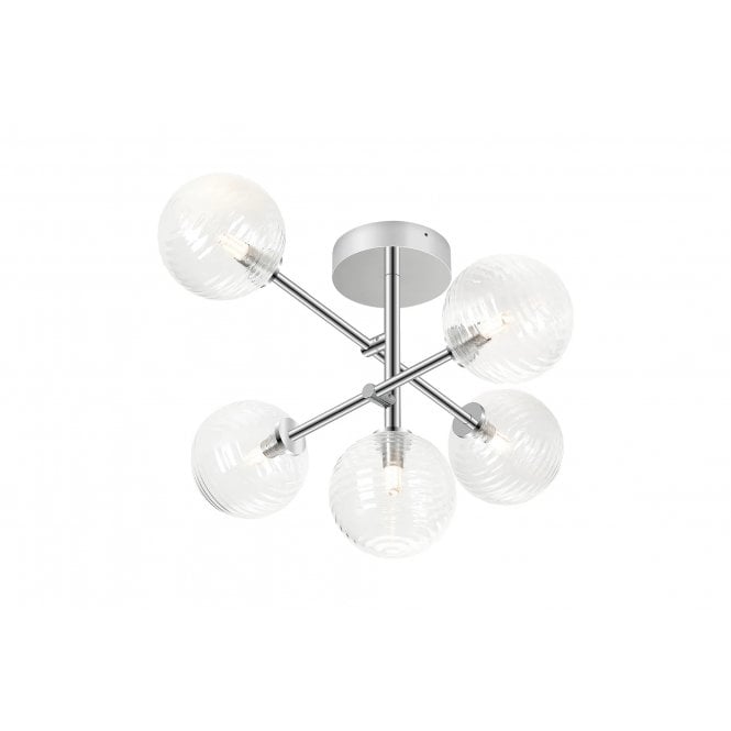 COMBINE Semi-Flush Ceiling Light in Polished Chrome with with LING9 Ribbed Round Clear Glass Shade