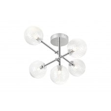 chrome semi flush 5 arm ceiling light with round ribbed glass shades