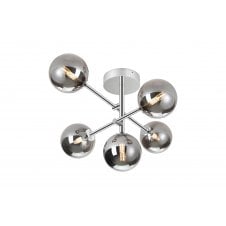 chrome semi flush 5 arm ceiling light with round smoked glass shades