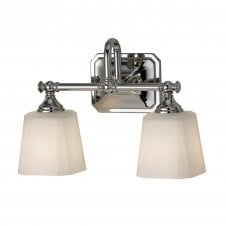 classic bathroom double wall light in chrome with opal glass shades