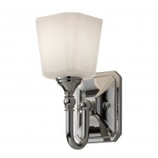 classic bathroom wall light in polished chrome with opal glass shade