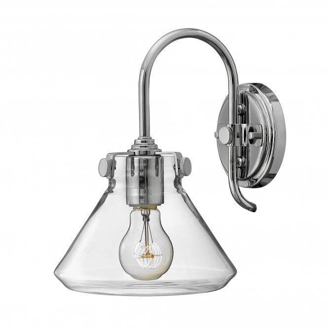CONGRESS vintage chrome wall light with tapered clear glass shade