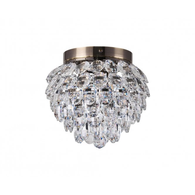 Coniston 3 Light IP44 Bathroom Semi-Flush Antique Brass & Crystal