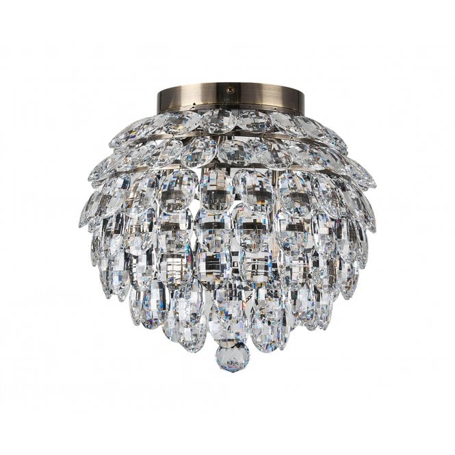 Coniston 5 Light IP44 Bathroom Semi-Flush in Antique Brass & Crystal