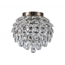 5 Light bathroom sem-flush in antique brass and crystal