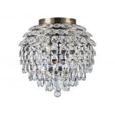 Semi flush bathroom light in antique brass and crystal