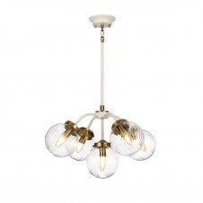 A hand blown glass cluster of light shades on a cream and brass frame