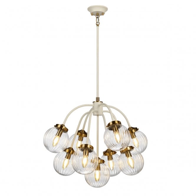 Cosmos Pendant Cluster Light fitting in cream and aged brass features blown glass shades