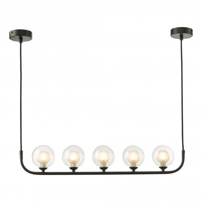 CRADLE 5 Light Bar Pendant in Black with Opal Inner Clear Glass Globe Shades