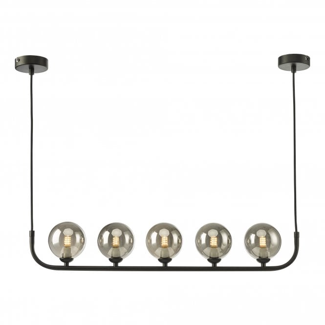 CRADLE 5 Light Bar Pendant in Black with Smoked Glass Globe Shades
