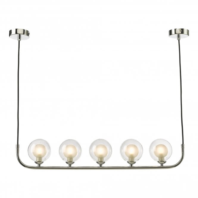 CRADLE 5 Light Bar Pendant in Chrome with Opal Inner Clear Glass Globe Shades