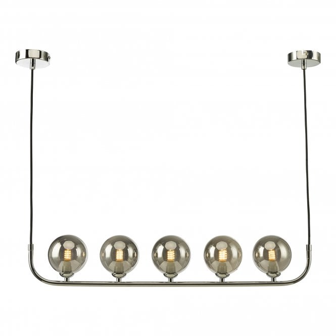 CRADLE 5 Light Bar Pendant in Chrome with Smoked Glass Globe Shades
