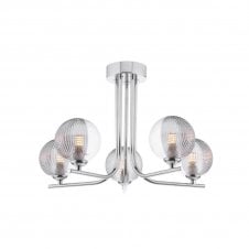 CRADLE 5 Light Semi Flush Fixture in Chrome with GL18 Smoked & Clear Ribbed Glass