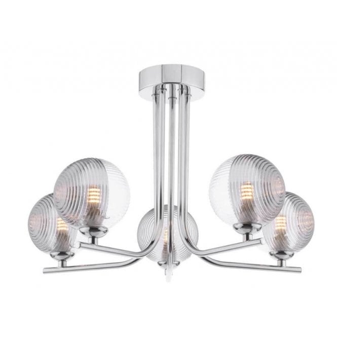 CRADLE 5 Light Semi Flush Fixture in Chrome with GL18 Smoked & Clear Ribbed Glass