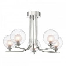 CRADLE 5 Light Semi Flush Fixture in Chrome with GL20 Opal & Clear Ribbed Glass Shade