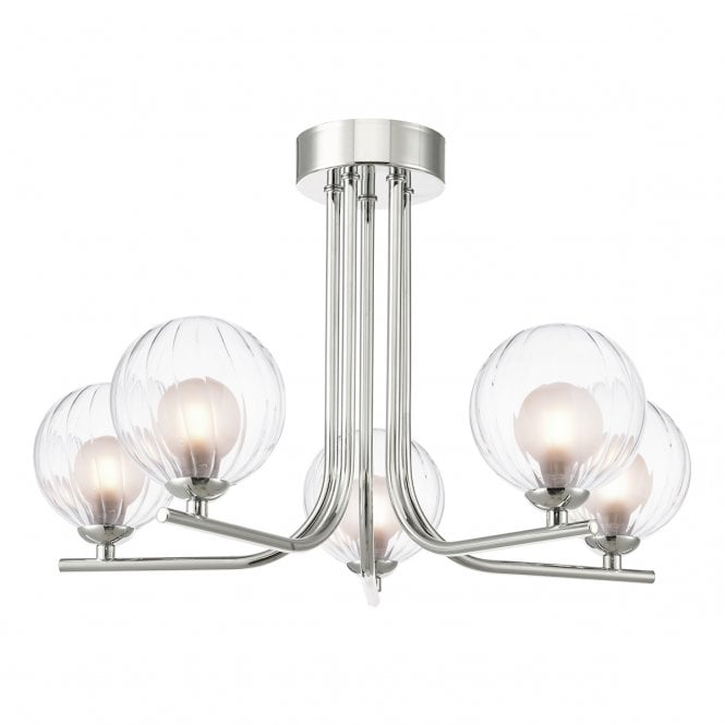 CRADLE 5 Light Semi Flush Fixture in Chrome with GL20 Opal & Clear Ribbed Glass Shade