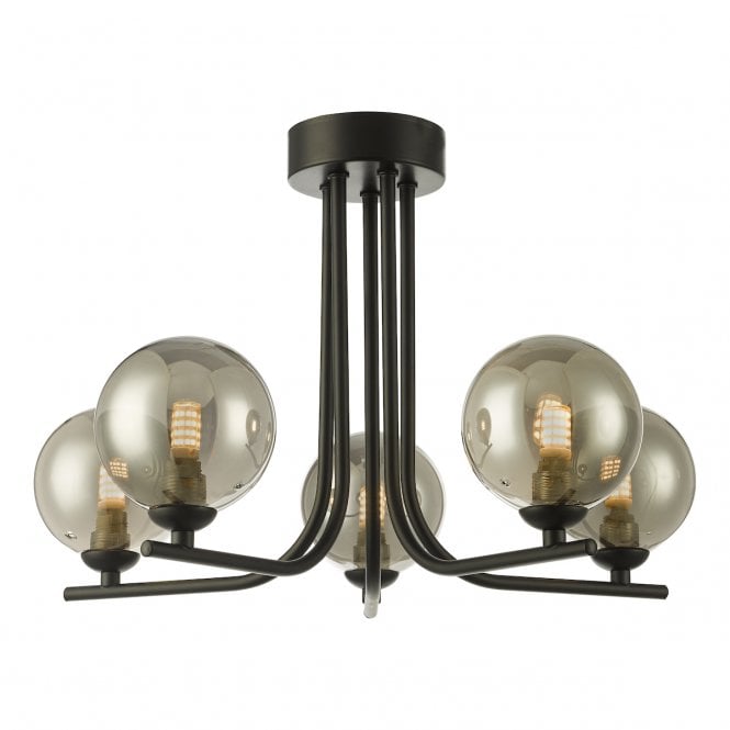 CRADLE 5 Light Semi Flush in Black with GL1 Smoked Glass Globe Shade