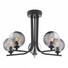 CRADLE 5 Light Semi Flush in Black with GL18 Smoked & Clear Ribbed Glass