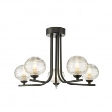 CRADLE 5 Light Semi Flush in Black with GL8 Ribbed Glass Globe Shade