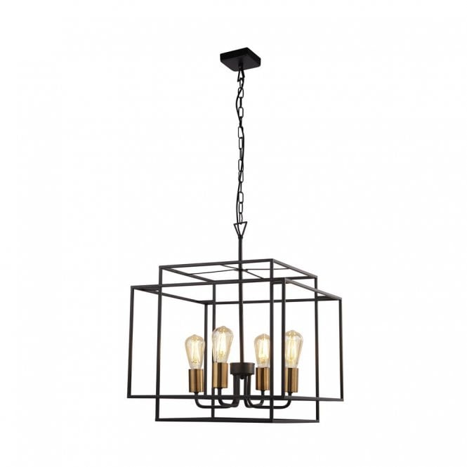 CRATE 4 Light Black Frame Ceiling Pendant With Bronze Lampholders