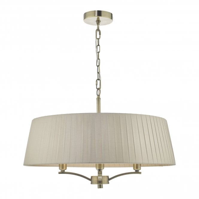 CRISTEN 4 light ceiling pendant in antique brass with taupe ribbon surround shade
