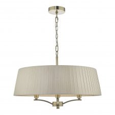 CRISTEN 4 light ceiling pendant in antique brass with taupe ribbon surround shade