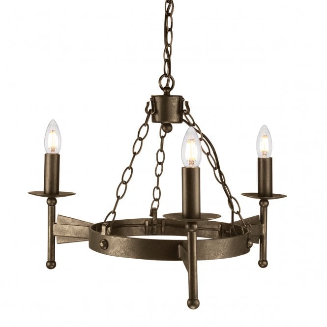 CROMWELL 3 Light Medieval Chandelier in Wrought Iron with Old Bronze Finish