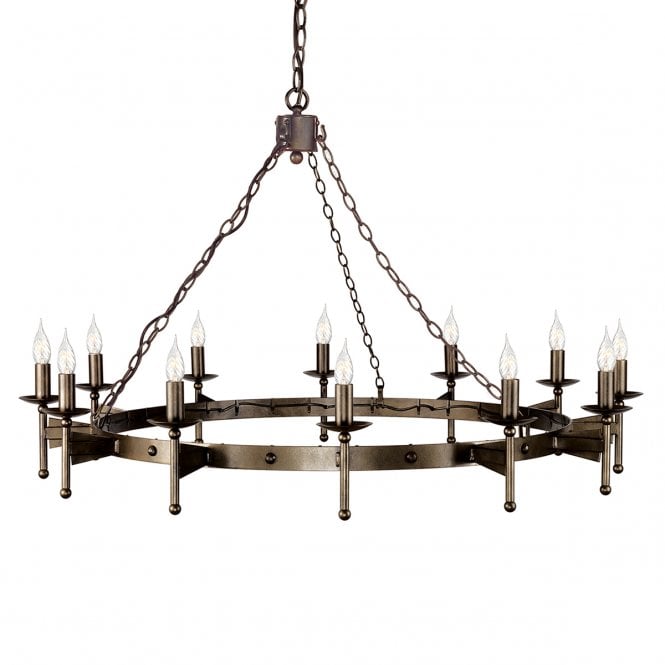 CROMWELL Very Large 12 Light Medieval Chandelier in Wrought Iron with Old Bronze Finish