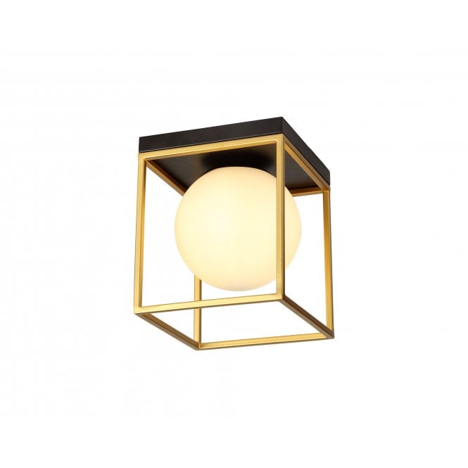 CUBEDECO Modern Deco Semi-Flush Ceiling Fitting Matt Black Painted Gold with Opal Glass Globe